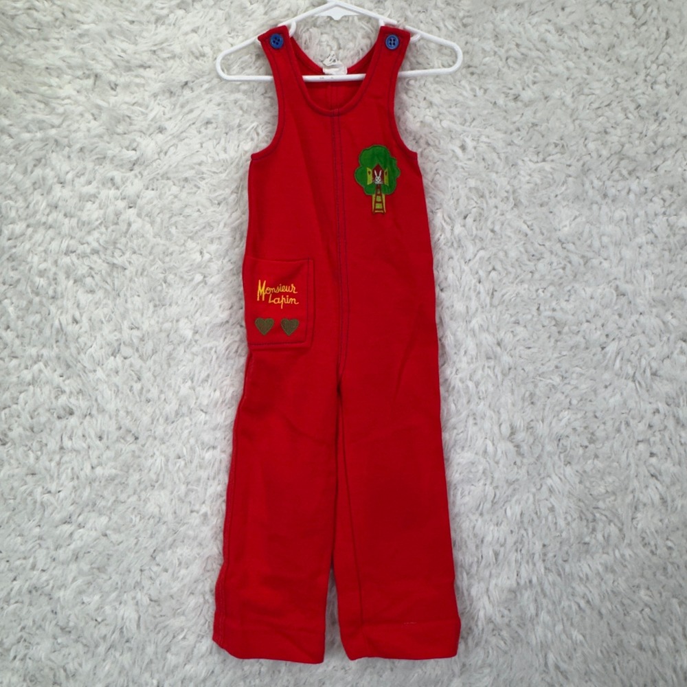 Absorba Vintage Kids Overalls 3T Red Monsieur Lapin French Embroidered Jumpsuit